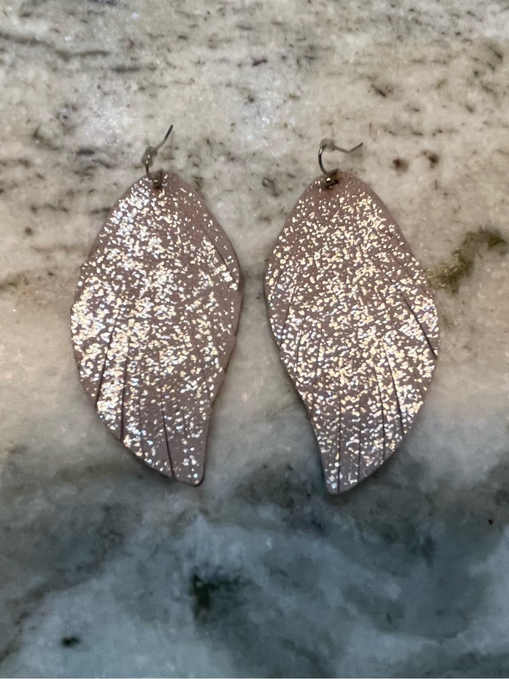 Leather Feather/Angel Wing Earrings Distressed Silver Metallic Drop - Boho
